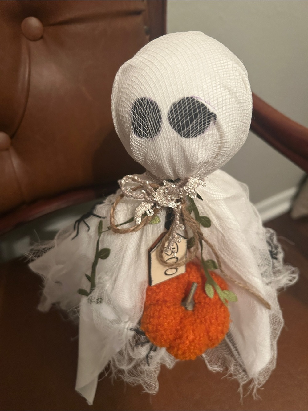 White Fabric Ghost Table Accent with Orange Pumpkin 12 inches long